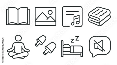 Serene recharge icons set – outline, simple relaxation and meditation symbols