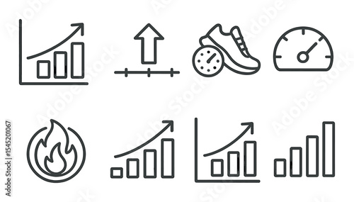 Progress tracking outline icons set – linear, performance and goal achievement symbols