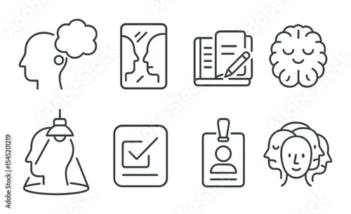 Self-awareness icons set – line style, mindfulness and reflection symbols