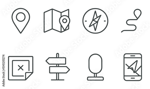 Navigation tool icons set – outline, directional and gps symbols for digital maps