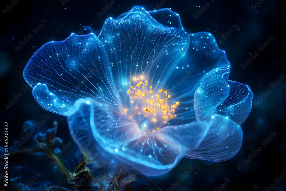 Obraz premium Glowing bioluminescent flower in dark fantasy setting with neon blue and yellow light