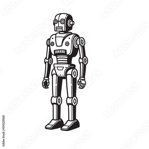 Classic robot illustration vintage art silhouette of a retro futuristic android on white background