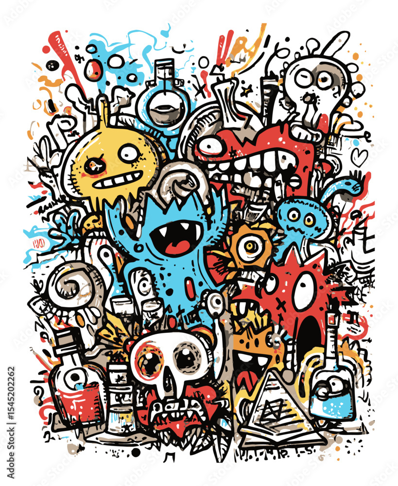 Obraz premium Colorful Doodle of Monsters, Science Tools, and Fun Characters