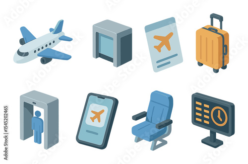 Air travel icons set – 3d, aviation and flight journey symbols collection