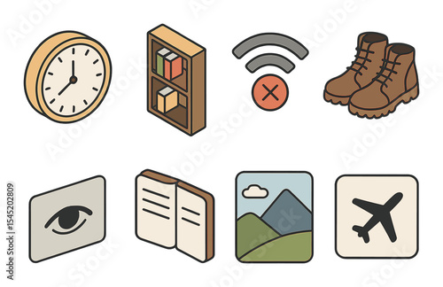 Digital detox essentials icons set – flat, minimal and modern visual symbols
