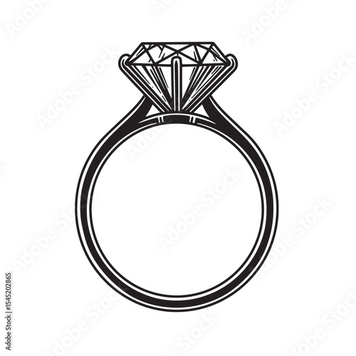 Elegant engagement ring with large diamond vintage art silhouette in classic black and white design