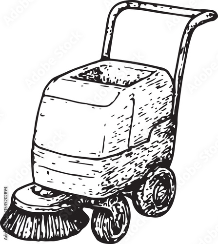 A detailed black-and-white sketch of a wheeled cleaning cart with storage, perfect for transporting supplies, ideal for janitorial and professional cleaning themes