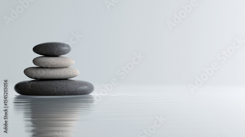 Piedras apiladas sobre agua tranquila para relajación y equilibrio