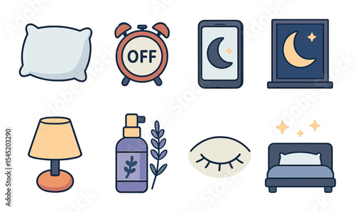 Sleep hygiene icons set - silhouette, bedtime and relaxation symbols collection