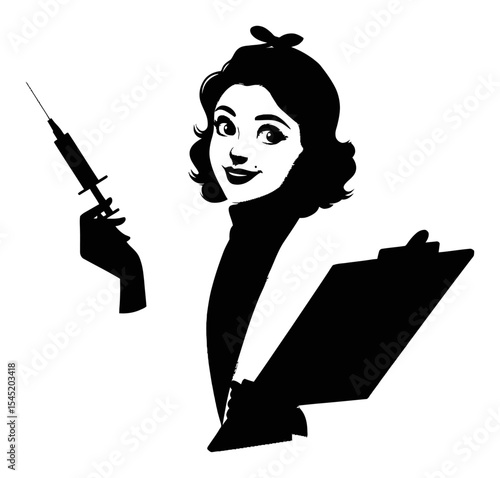 Classic Silhouette of a Nurse Holding a Syringe and Clipboard for Healthcare
