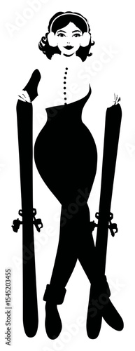 Stylish Silhouette of a Vintage Woman with Skis and Ear Muffs
