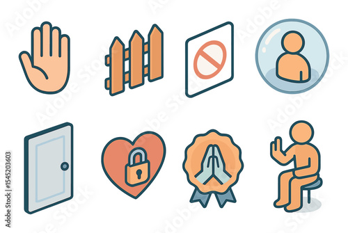 Personal boundaries flat icons set – privacy, protection, and respect symbols