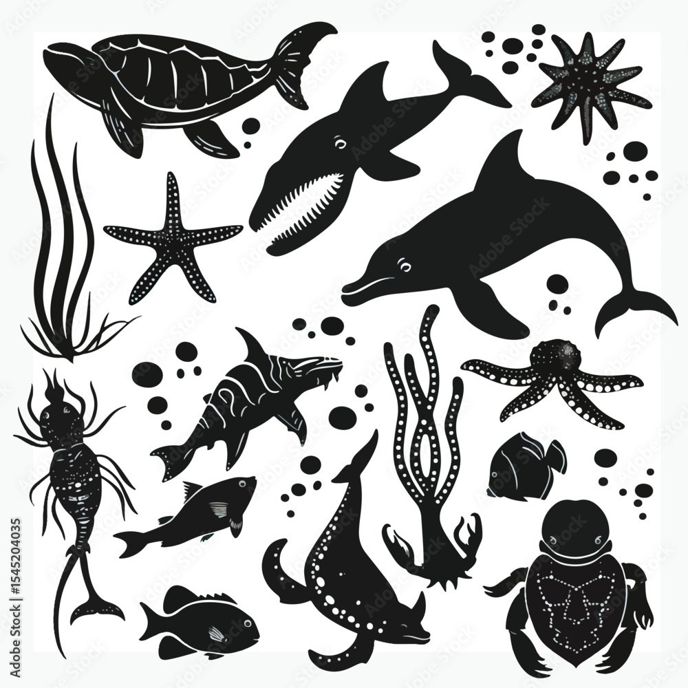 Fototapeta premium Sea life vector silhouette illustration set 