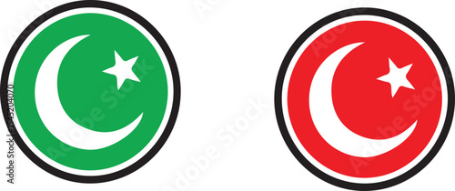 Two circular emblems one green and one red both featuring a crescent moon and star on white background
