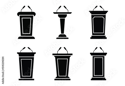 Six different styles of podiums with microphones