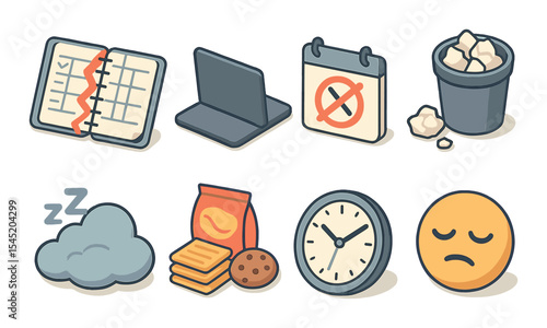 Anti productivity icons set – 3d, simple and relatable distraction symbols
