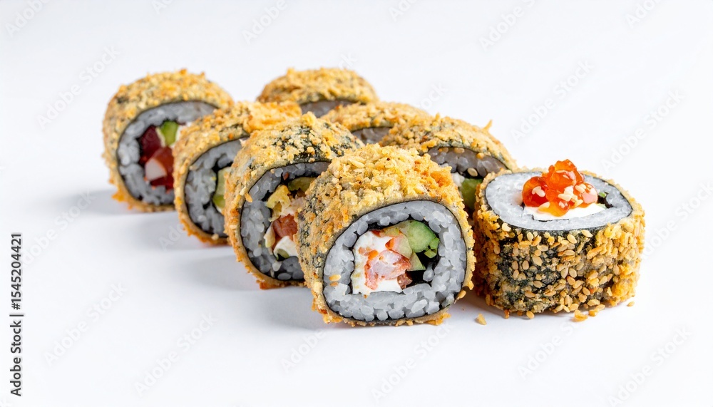 tempura maki sushi rolls covered with sesame seeds lying on white background tempura maki sushi rolls covered with sesame seeds lying on white background