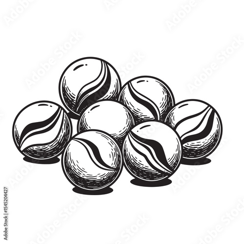Hand drawn vintage art silhouette of a collection of classic marbles isolated on white for design and illustration
