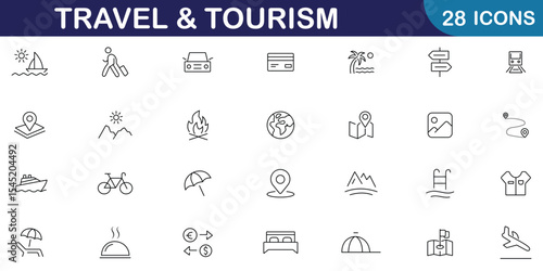 Travel and tourism icon set. Included icons as hotels, tourism, airplane, trip, beach, passport, summer vacations, etc. Travel and tourism linear icon set with editable stroke. Vector illustration.