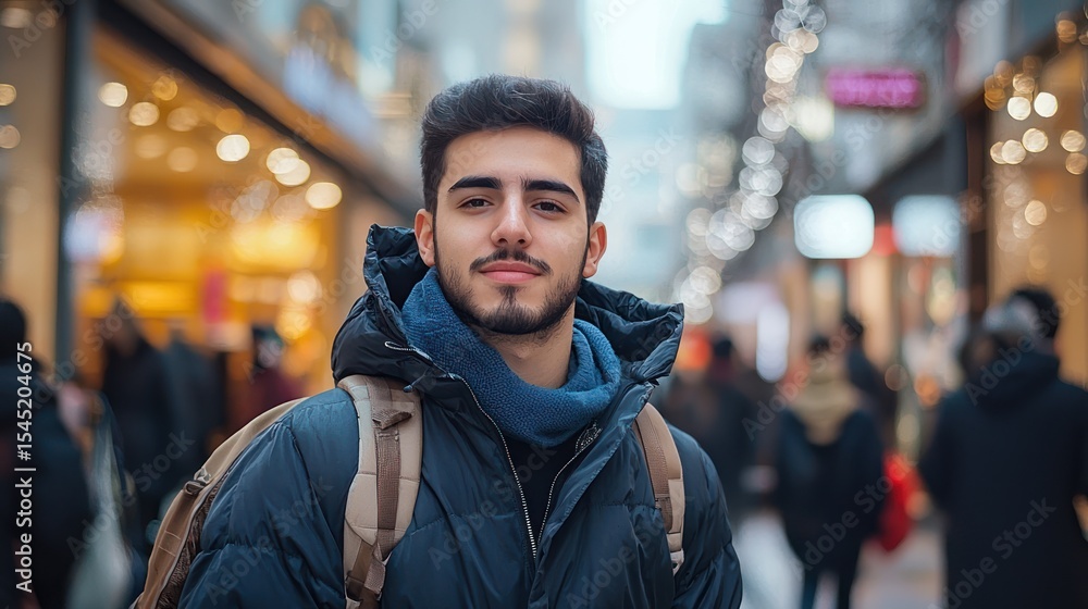 A young man with a beard, wearing a blue scarf and a black jacket, standing in a busy city street with a backpack, surrounded by people and shops, looking at the camera with a serious expression. A young man with a beard, wearing a blue scarf and a black jacket, standing in a busy city street with a backpack, surrounded by people and shops, looking at the camera with a serious expression.