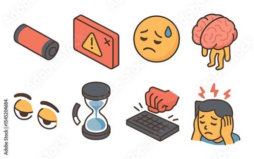 Digital burnout icons set – outline, stress and mental fatigue symbol collection