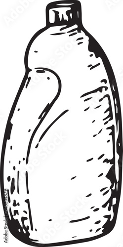 A black-and-white sketch of a liquid detergent bottle with a contoured design, ideal for cleaning tasks, perfect for household, janitorial, and hygiene-themed illustrations