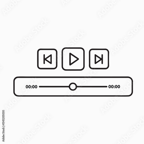 Music or video play bar icon Audio player for songs or podcast playlist. Play, buttons. editable stroke vector illustration . black and white icon