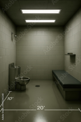 Empty solitary confinement prison cell with metal toilet and bed in high security facility with measurements on floor under fluorescent lights