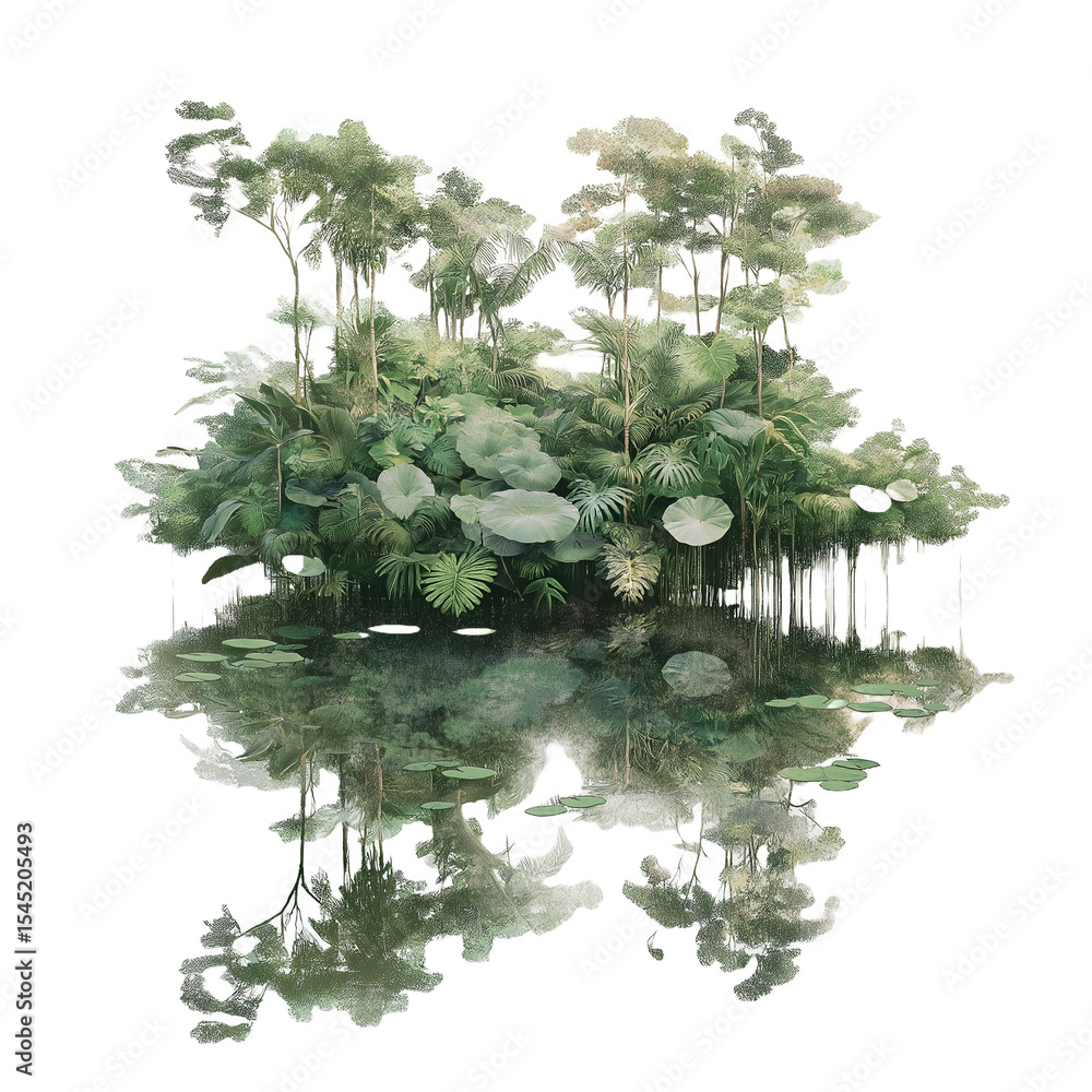 Fototapeta premium Serene Still Backwater with Floating Jungle Canopy on white background,png