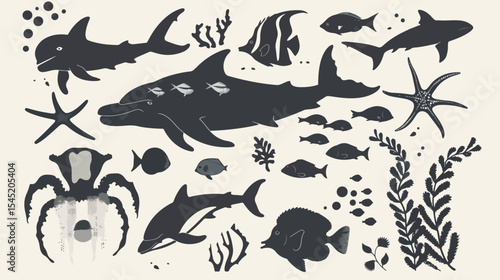 Sea life vector silhouette illustration set 