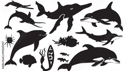 Sea life vector silhouette illustration set 