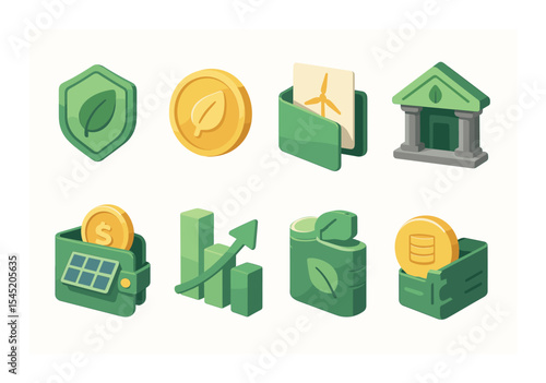Eco investing icons set – flat, sustainable and green finance symbols