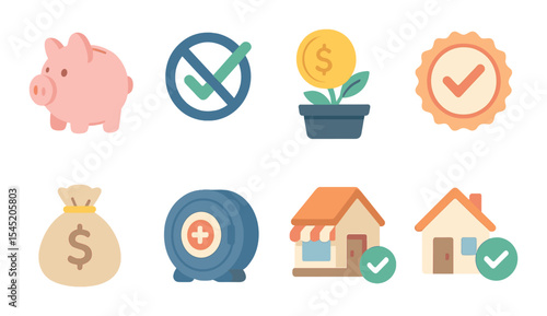 Financial milestone icons set – flat, budget tracking and money management graphics