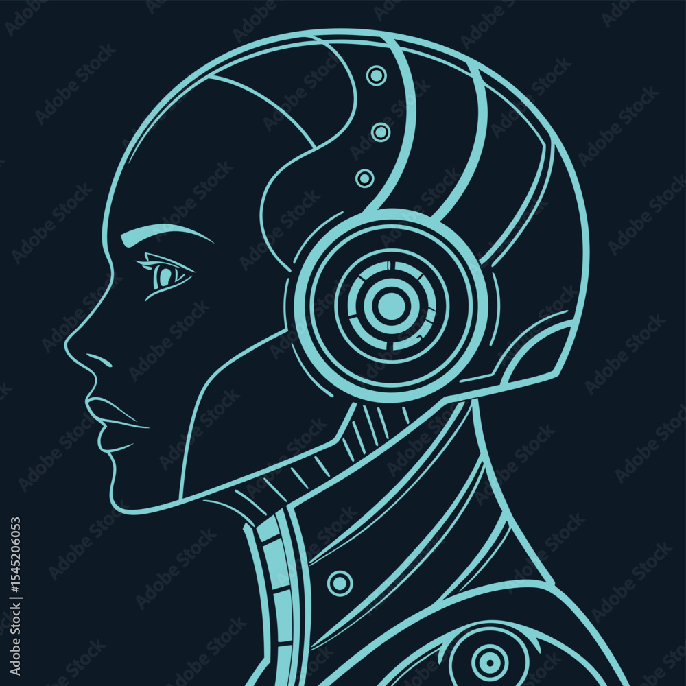 Illustration of a futuristic female robot head in profile with glowing blue lines and dark background