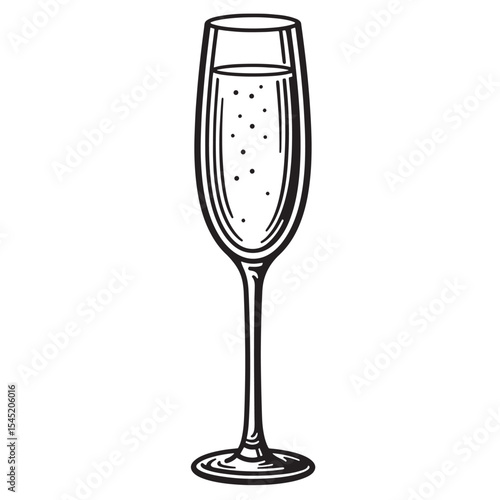 Vintage art silhouette illustration of a champagne glass filled with bubbles ready for celebration and special occasions.