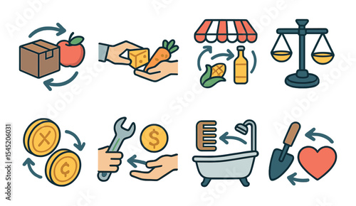 Barter trade icons set – linear, exchange and market economy symbols