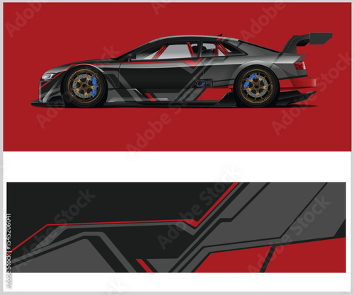 Sleek Gray Race Car with Red Accents and Graphic Wrap Design
