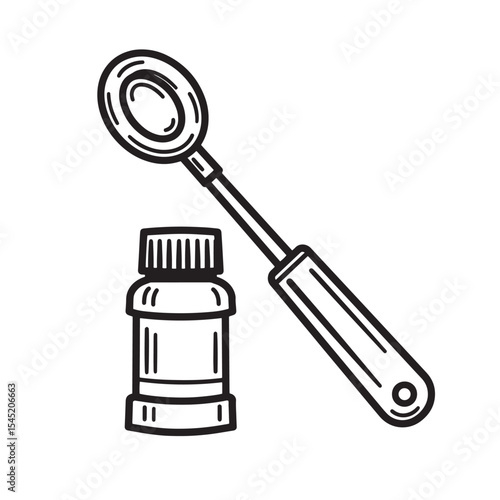 Vintage art silhouette of a medical ear spoon and medicine bottle isolated on white background
