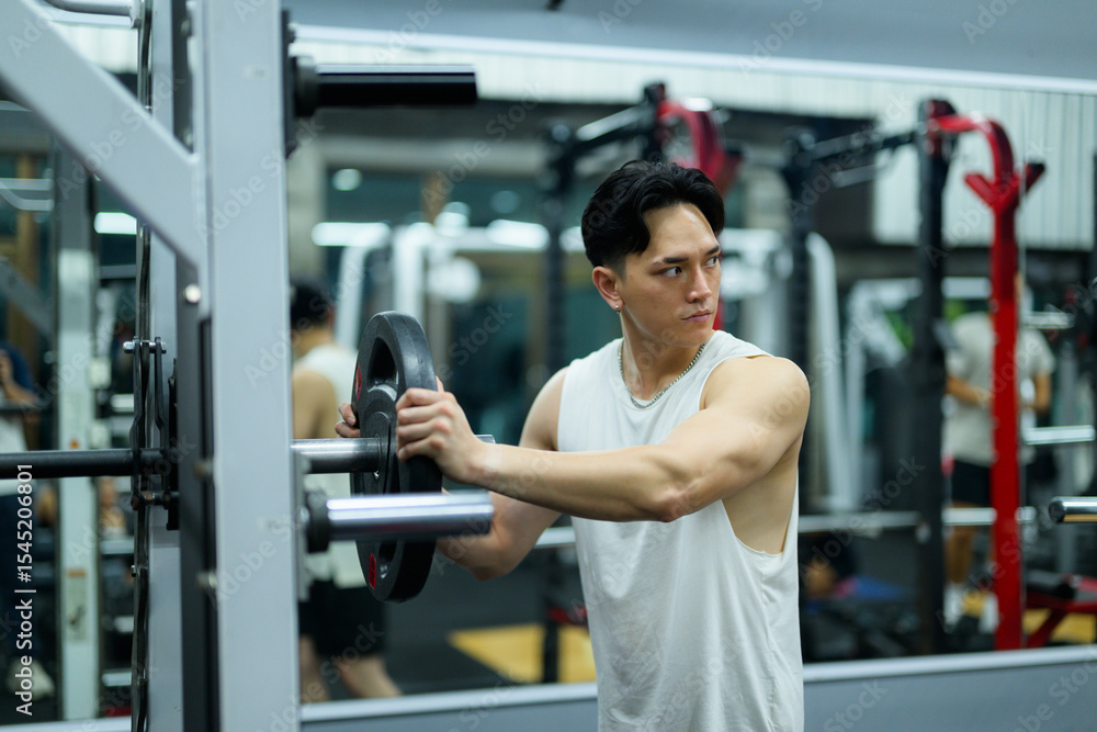 Fototapeta premium Young sportsman adding weights to barbell, focused on strength training in gym