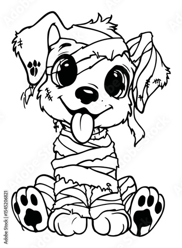 Cute Hand-Drawn Illustration of a Playful Dog in Bandages with Big Eyes