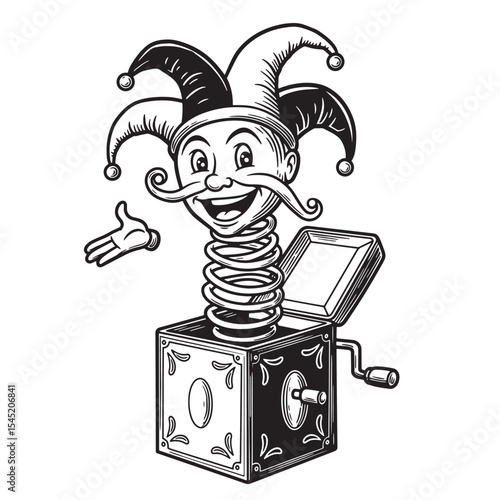 Vintage art silhouette of a smiling jester jack in the box toy with whimsical details