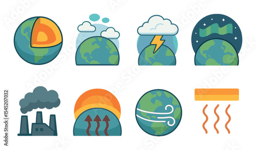 Earth science icons set – isometric, geology and climate visualization symbols