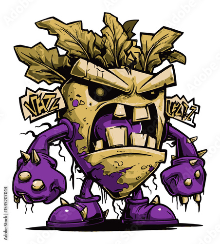Cartoon Monster Character with Purple Arms and Leafy Head Design