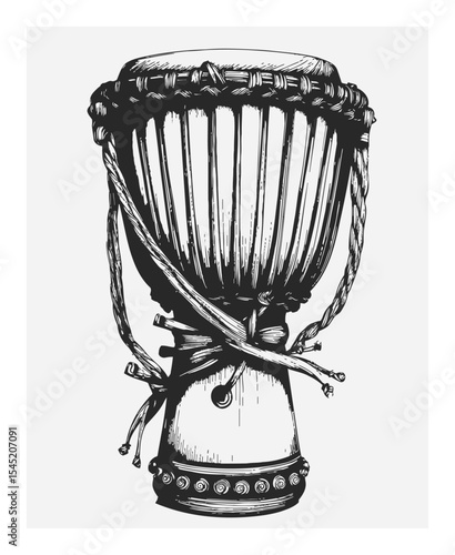 Hand Drawn Illustration of a Traditional African Drum with Detailed Design