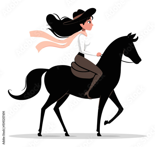 Cartoon Illustration of Woman Riding a Black Horse with Flowing Hair