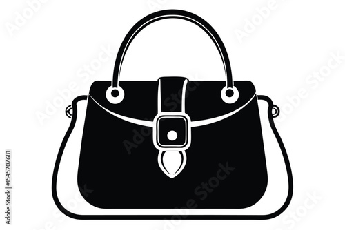 Black and White Illustration of a Stylish Handbag with Handle and Shoulder Strap