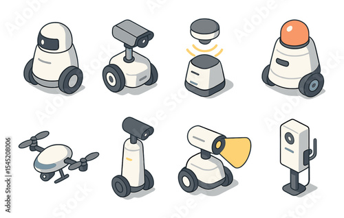 Futuristic security robots icons set - flat, robotic and tech security symbols
