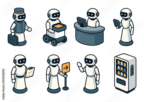 Service robot icons set – flat, automated assistant and technology symbols