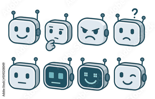 Diverse robot expressions icons set – line, emotive and simple graphic designs