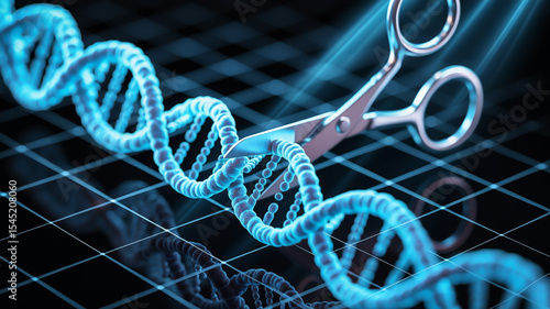 A dna strand being cut by silver scissors against a dark background with a grid pattern and blue light